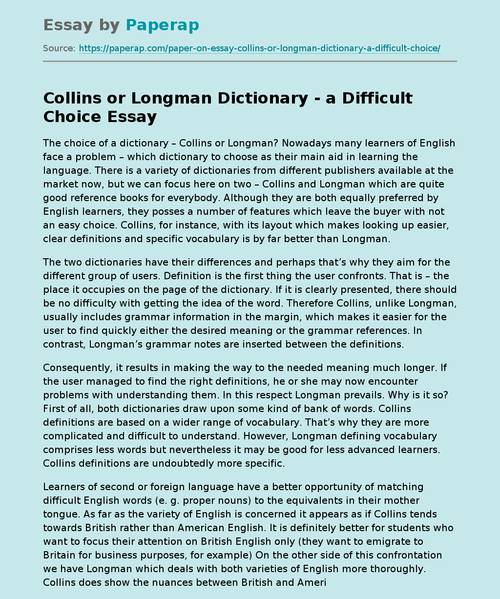 Collins or Longman Dictionary - a Difficult Choice