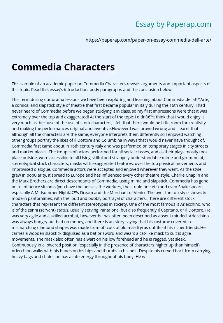 Sample of an Academic Paper on Commedia Characters