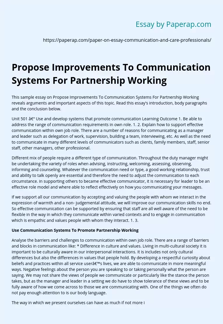Propose Improvements To Communication Systems For Partnership Working