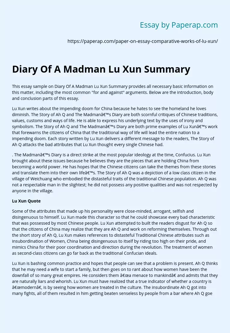 Diary Of A Madman Lu Xun Summary