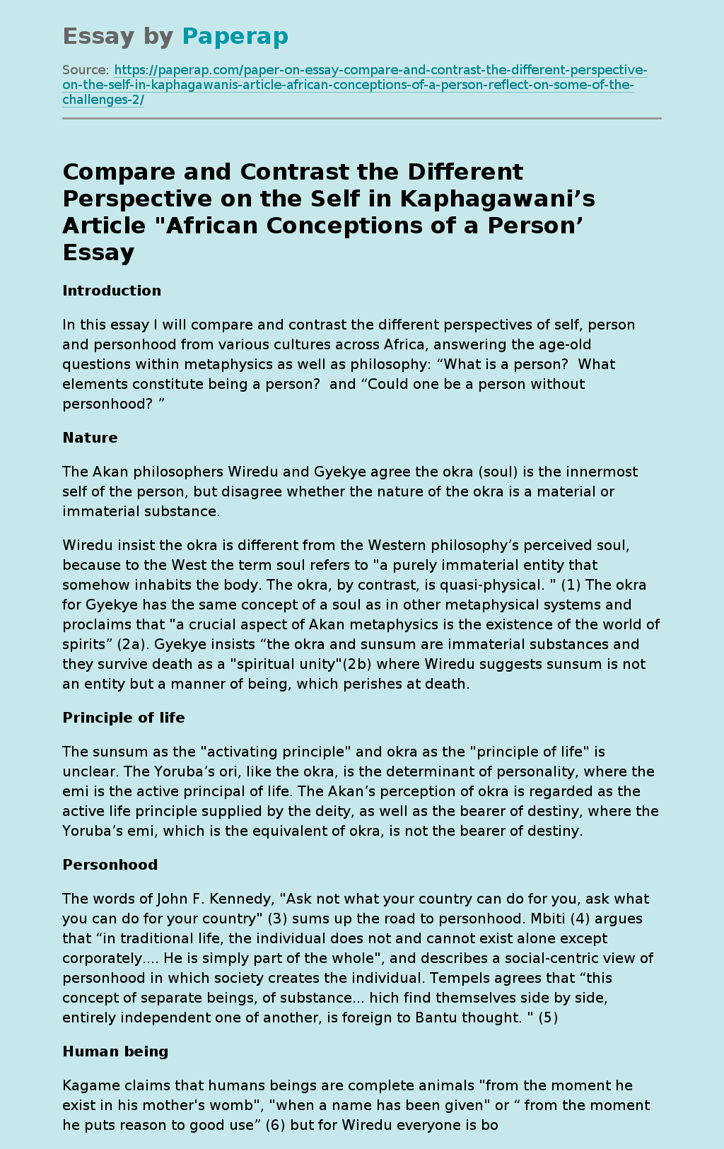 Perspectives on the Self in African Conceptions