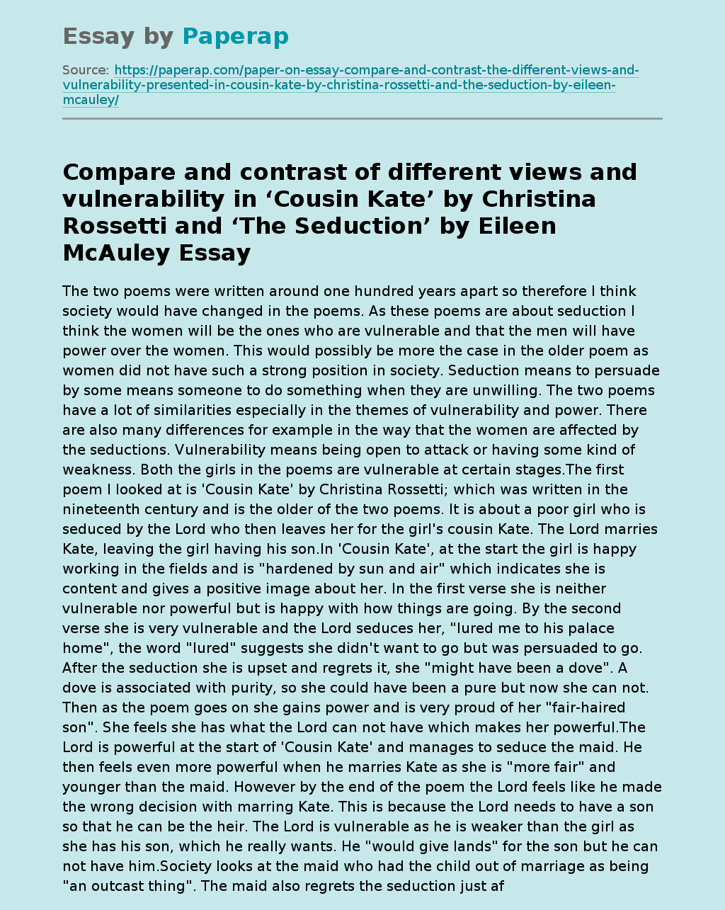 Compare and contrast of different views and vulnerability in ‘Cousin Kate’ by Christina Rossetti and ‘The Seduction’ by Eileen McAuley