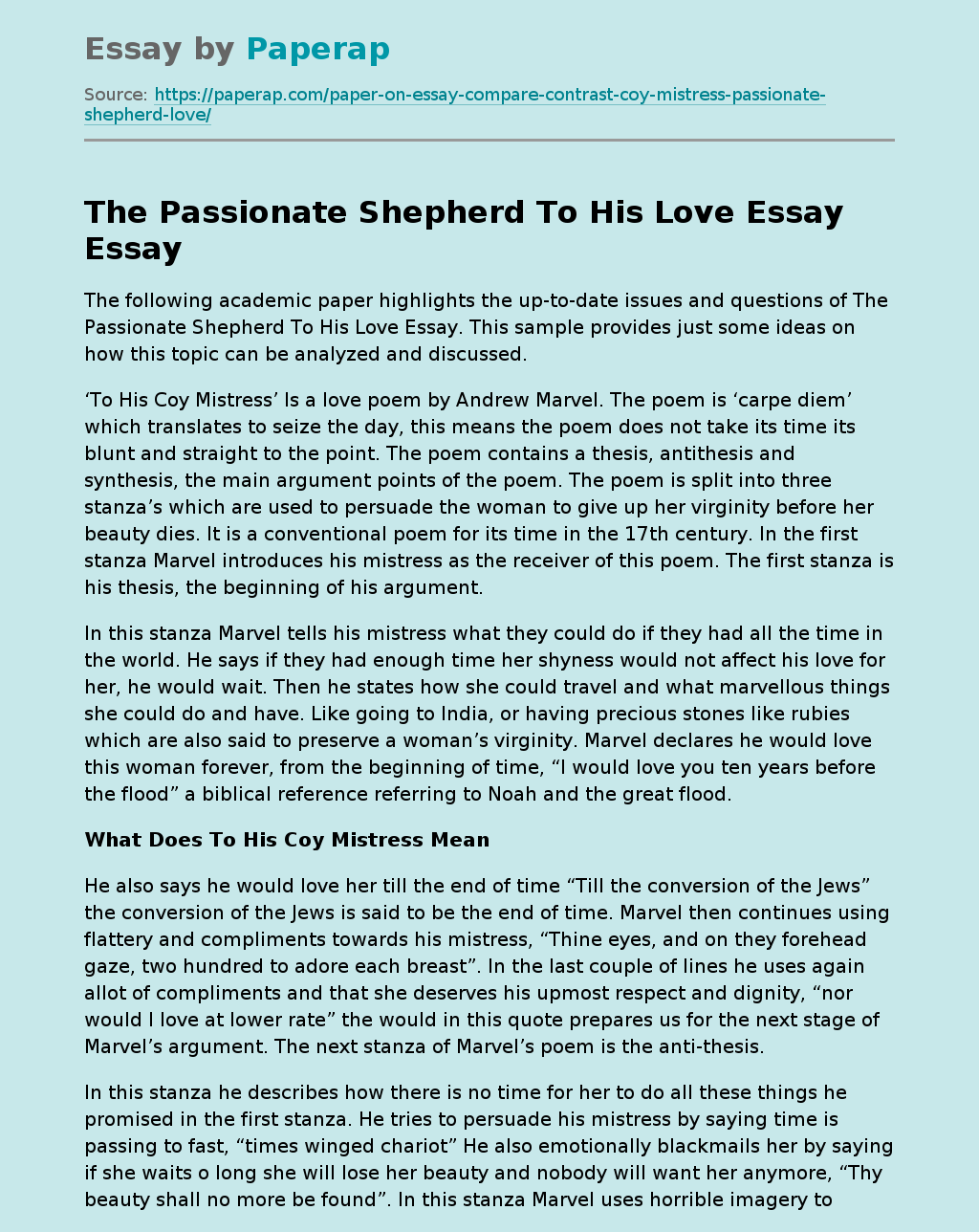 The Passionate Shepherd To His Love Essay