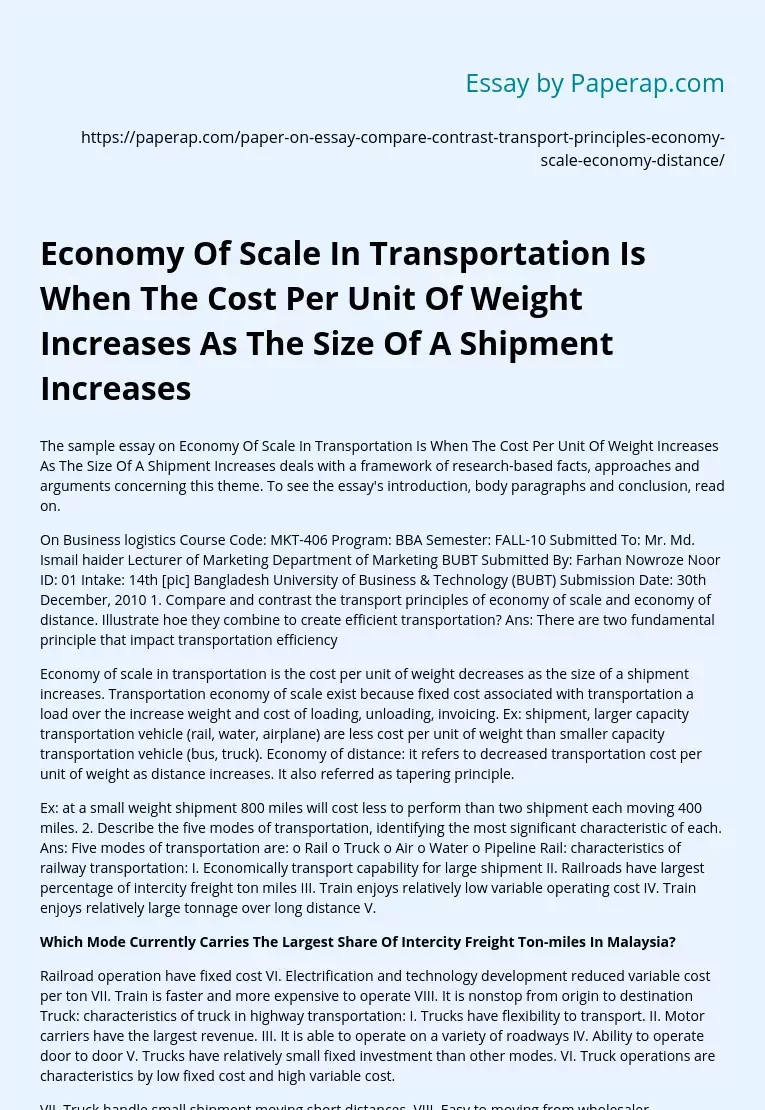 Economy Of Scale In Transportation