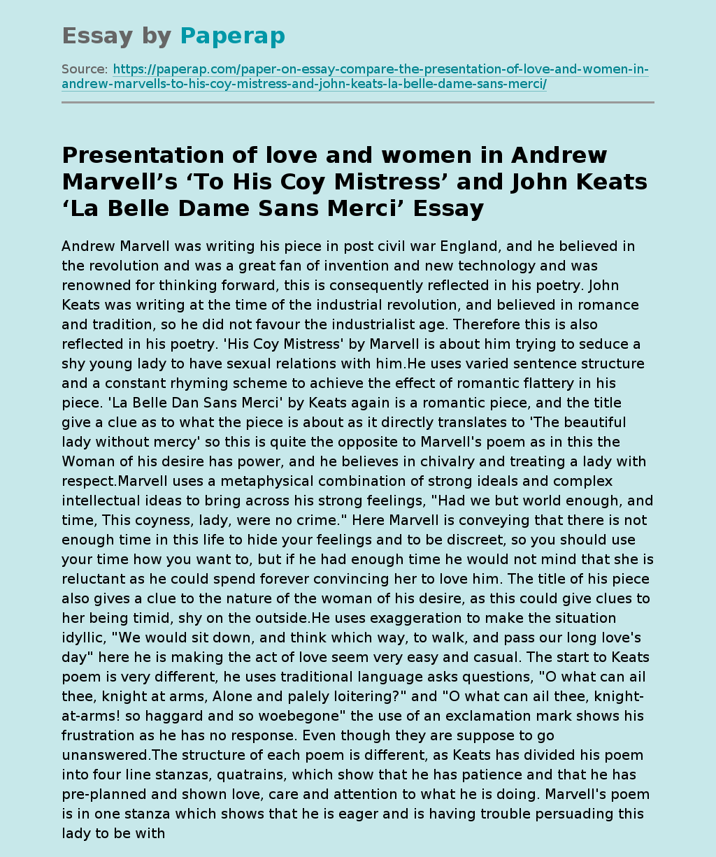 Presentation of love and women in Andrew Marvell’s ‘To His Coy Mistress’ and John Keats ‘La Belle Dame Sans Merci’