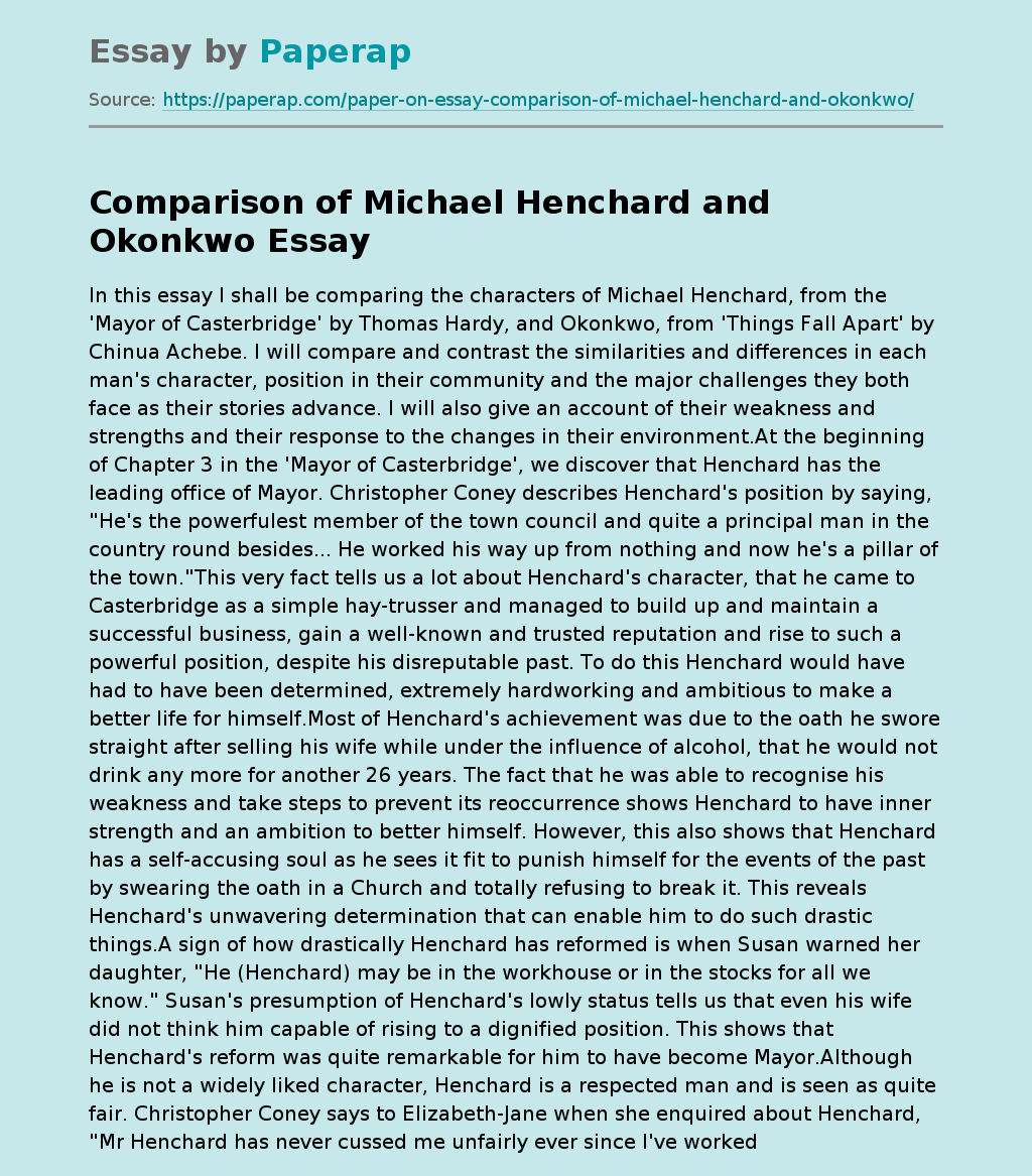 Comparison of Michael Henchard and Okonkwo