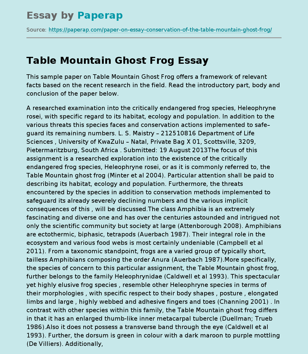 Sample Paper on Table Mountain Ghost Frog