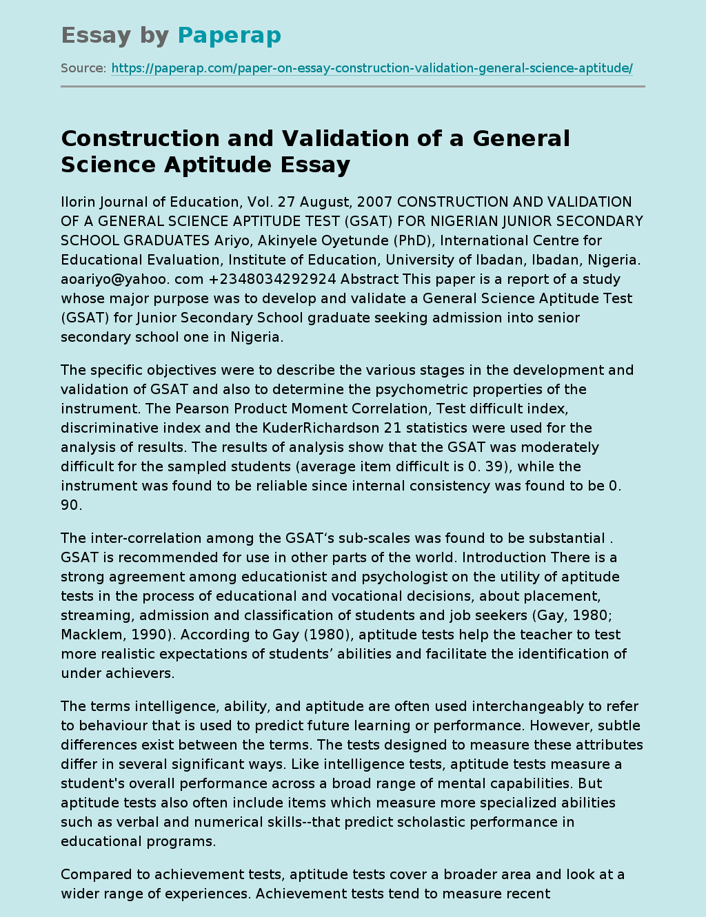 Construction and Validation of a General Science Aptitude