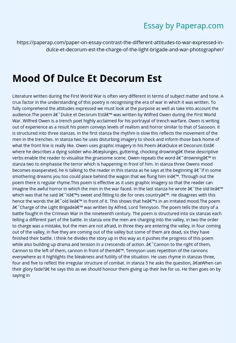 Mood Of Dulce Et Decorum Est