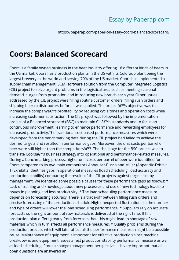 Coors: Balanced Scorecard