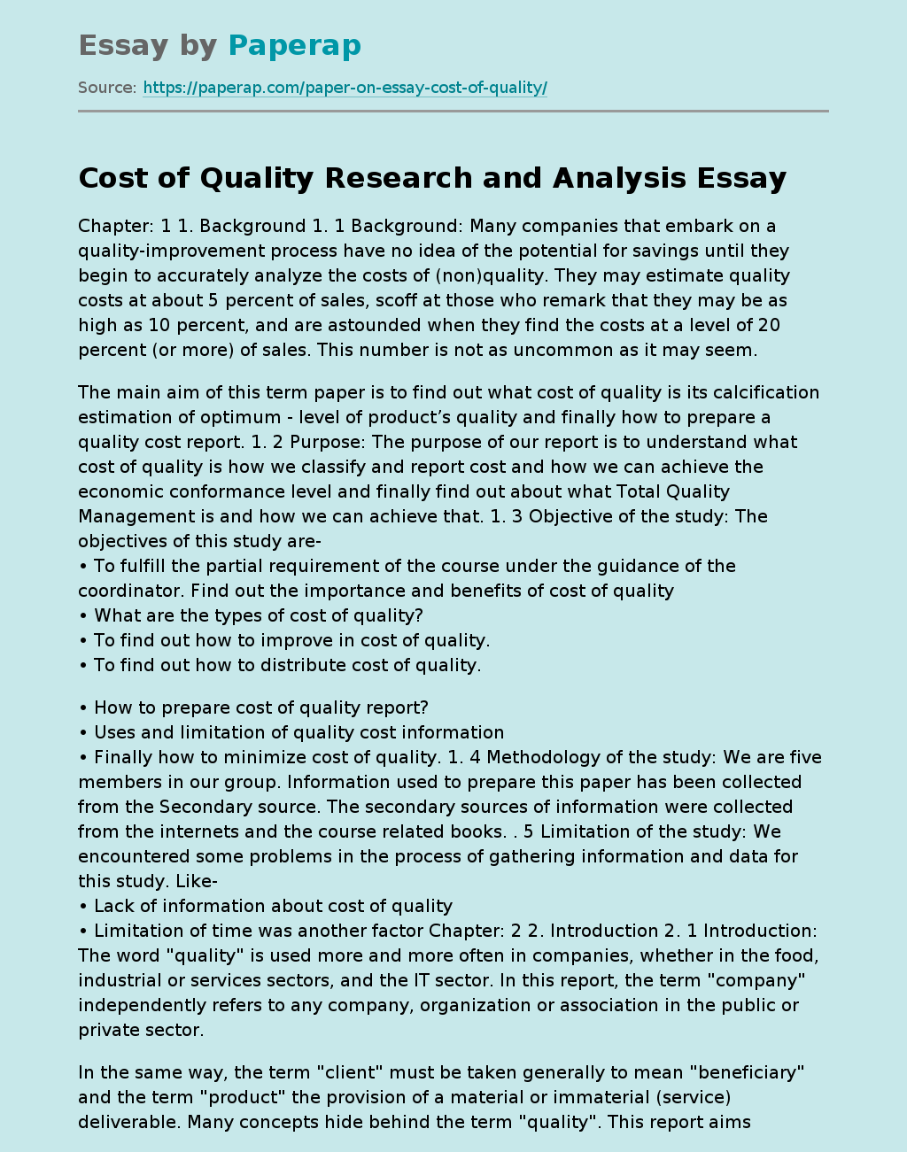Cost of Quality Research and Analysis