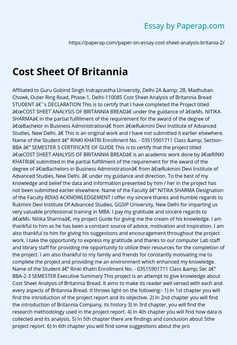 Cost Sheet Of Britannia