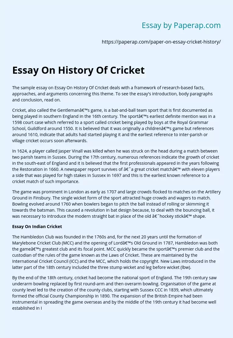 Essay On History Of Cricket
