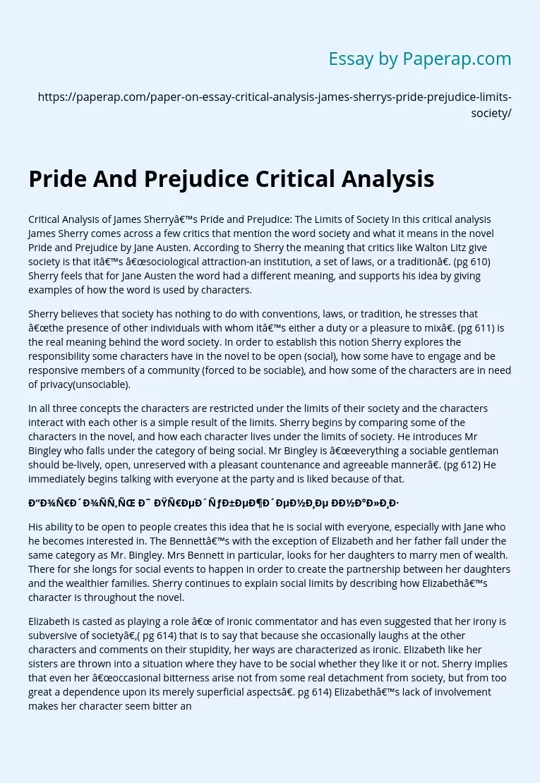 Pride And Prejudice Critical Analysis