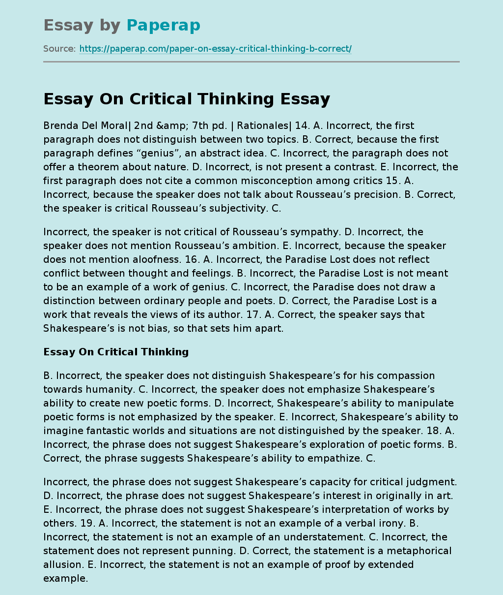 Essay On Critical Thinking