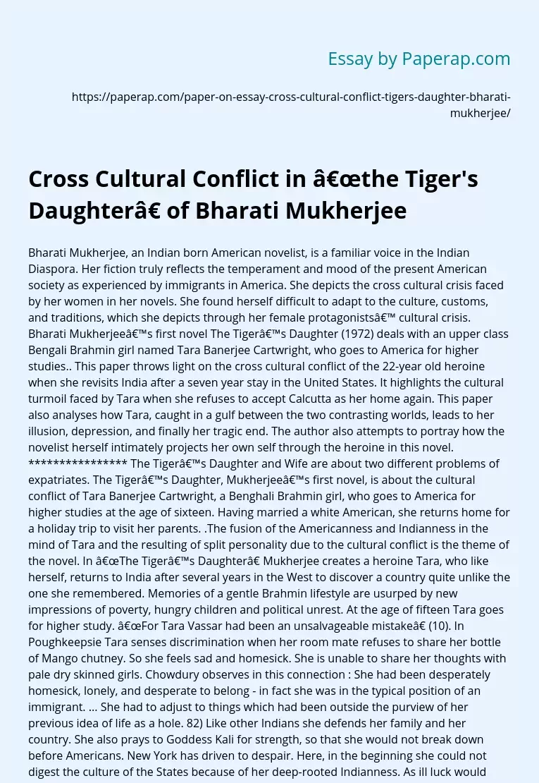 Cross Cultural Conflict in “the Tiger's Daughter” of Bharati Mukherjee