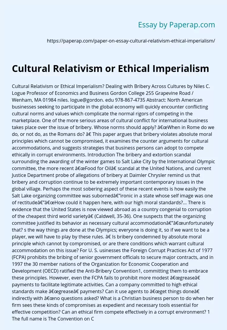 Cultural Relativism or Ethical Imperialism