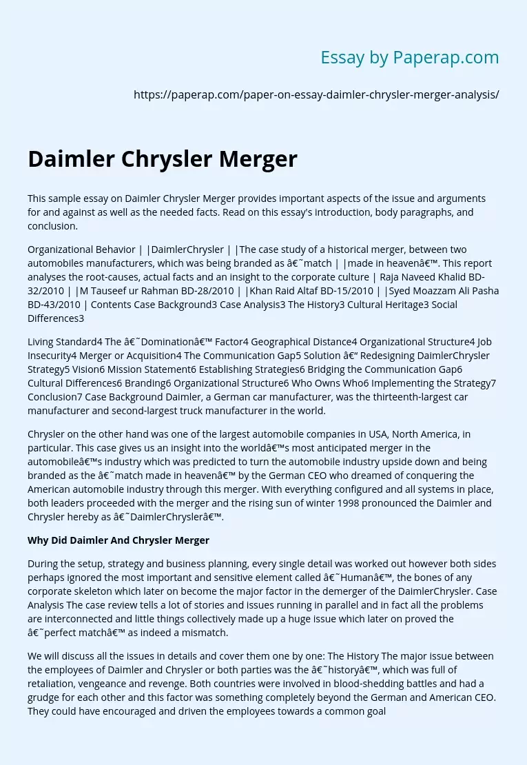 Daimler Chrysler Merger