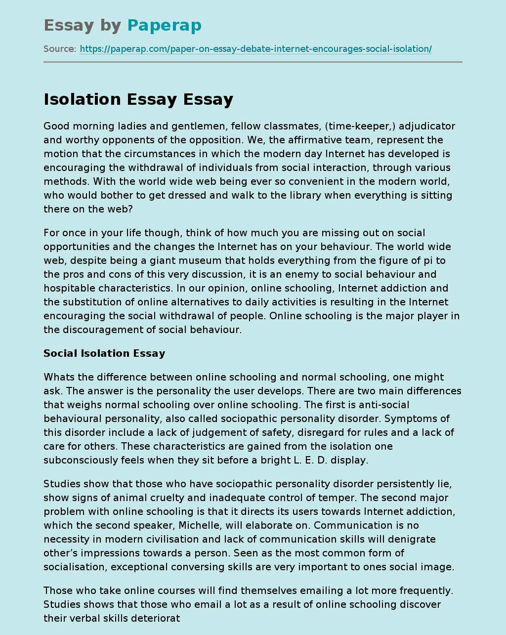 Isolation Essay