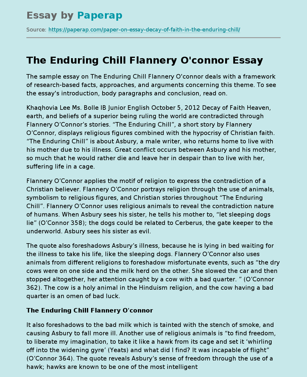The Enduring Chill Flannery O'connor