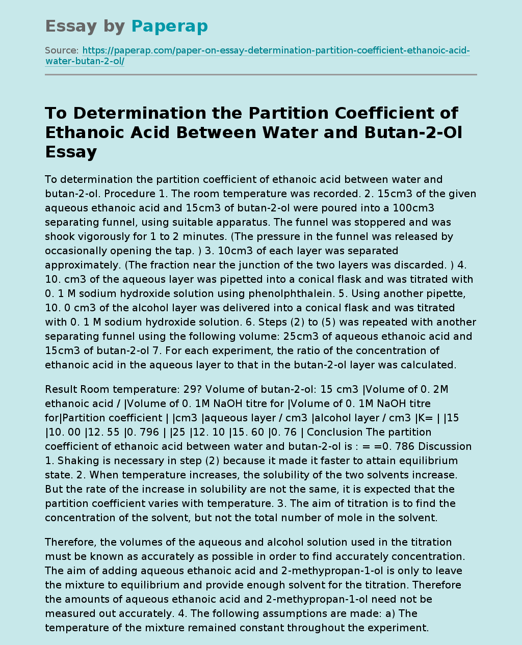 To Determination the Partition Coefficient of Ethanoic Acid Between Water and Butan-2-Ol