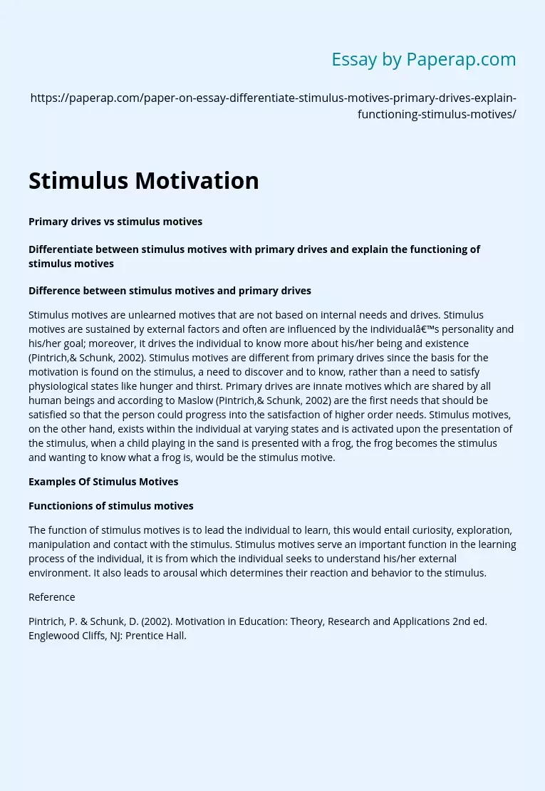 Stimulus Motivation vs Primary Drives