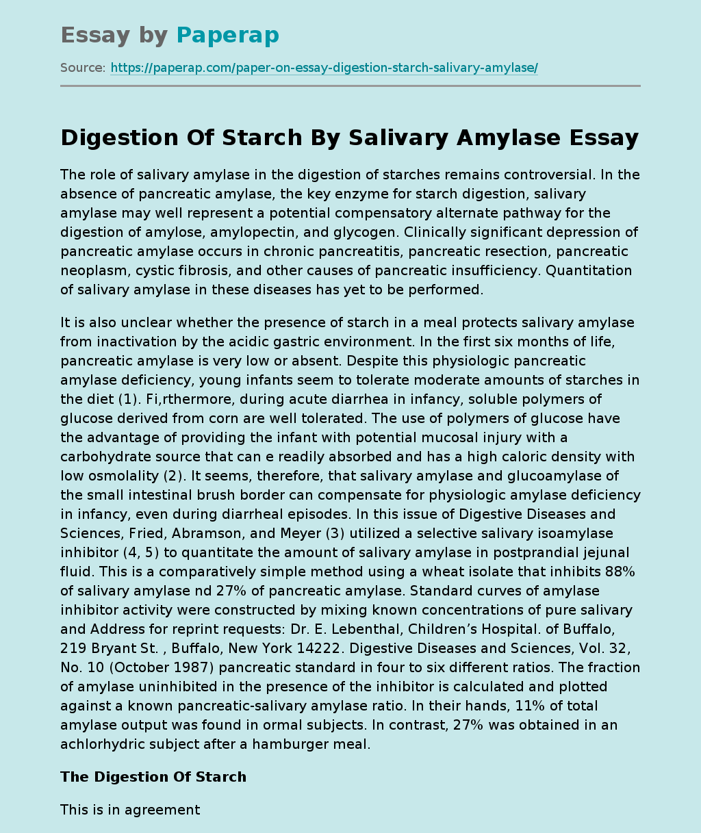 Digestion Of Starch By Salivary Amylase