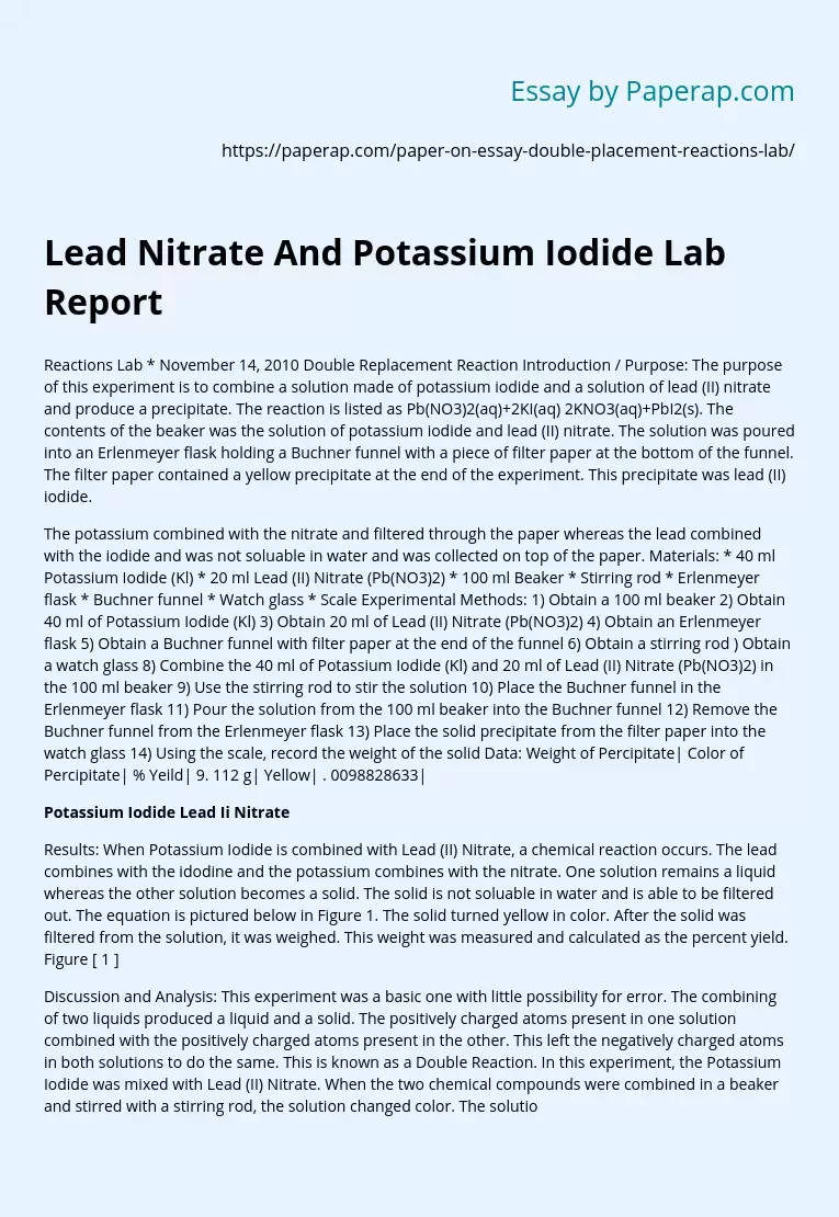Lead Nitrate And Potassium Iodide Lab Report