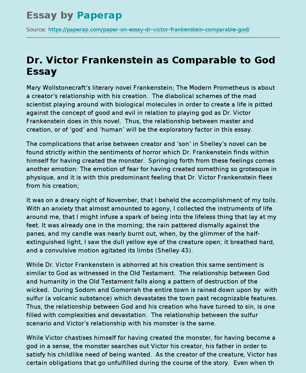 Dr. Victor Frankenstein as Comparable to God