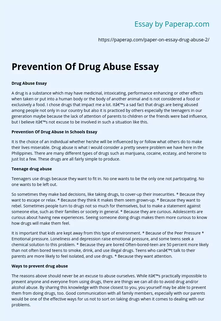 Prevention Of Drug Abuse Essay Example 100 Words