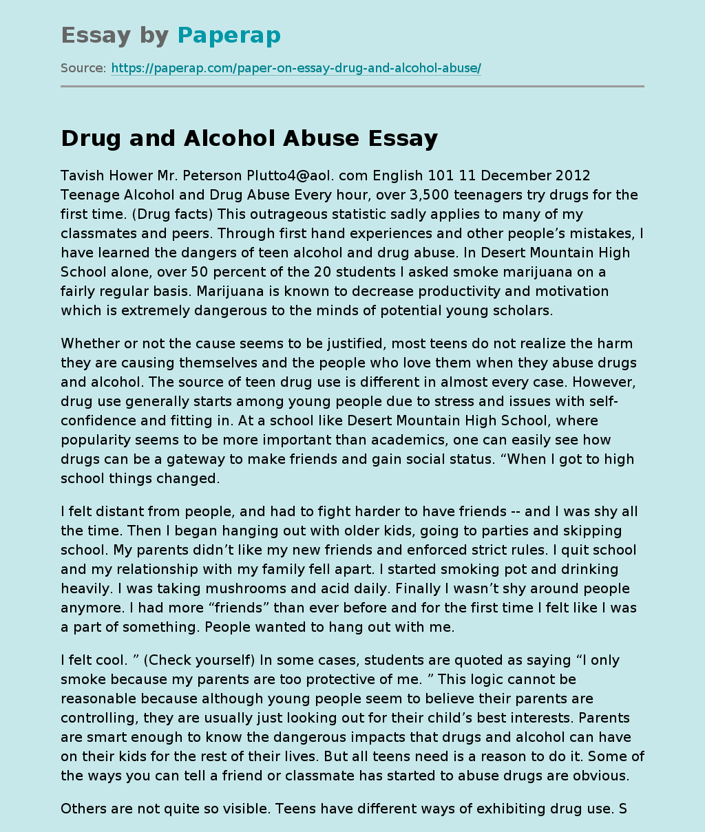 Drug And Alcohol Abuse Free Essay Example
