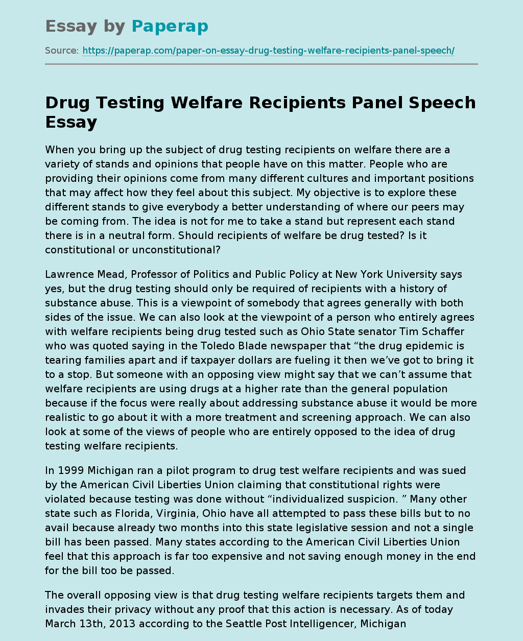 Drug Testing Welfare Recipients Panel Speech