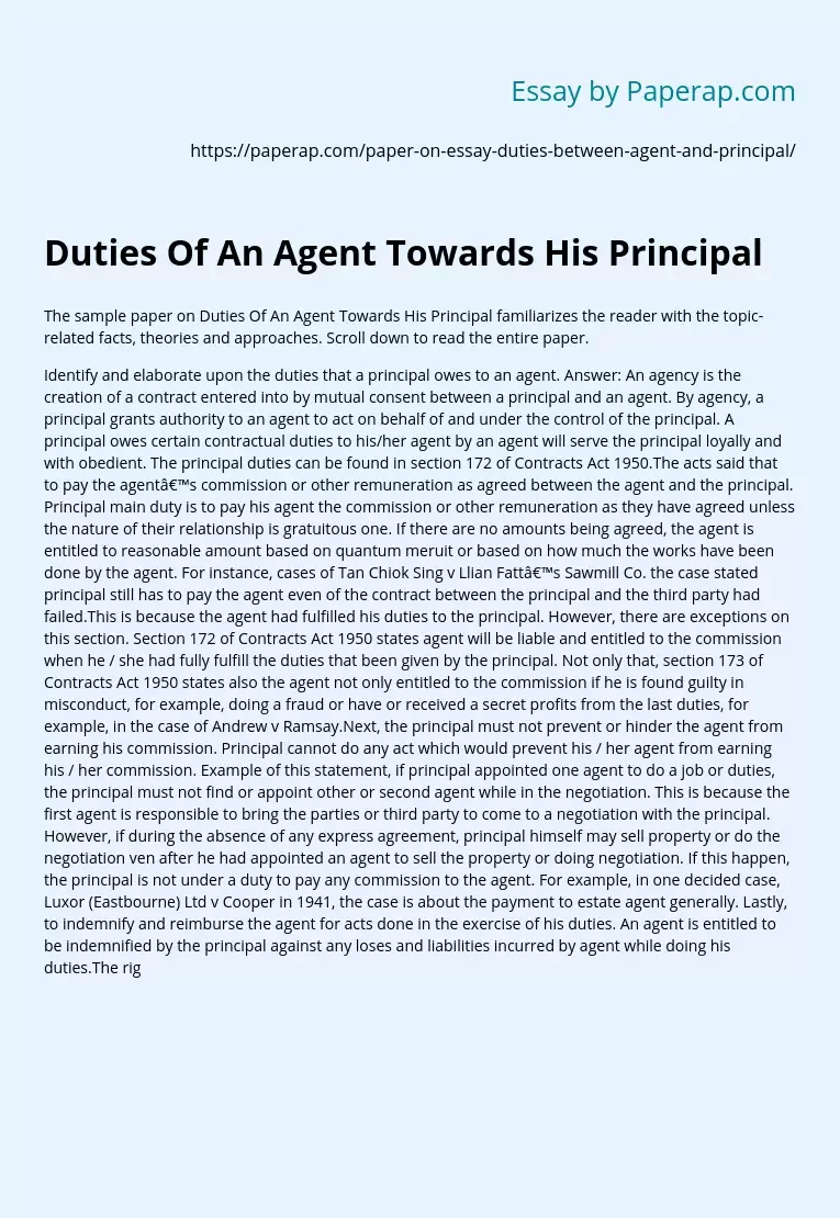 Duties Of An Agent Towards His Principal