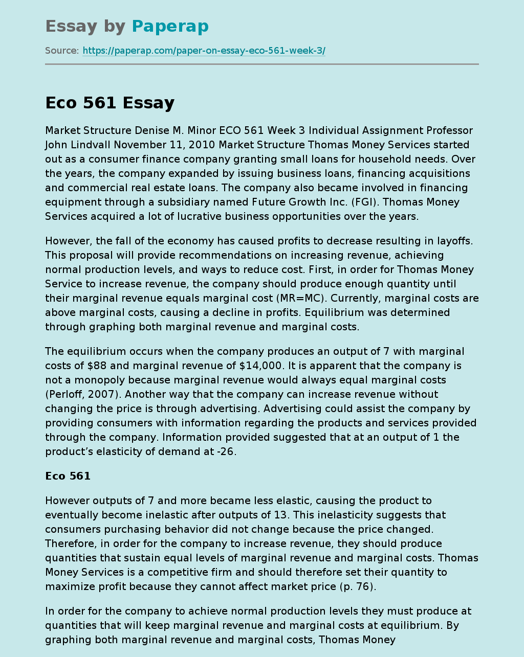 Eco 561 and Market Structure