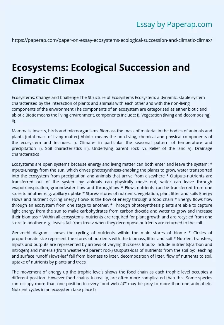 Ecosystems: Ecological Succession and Climatic Climax