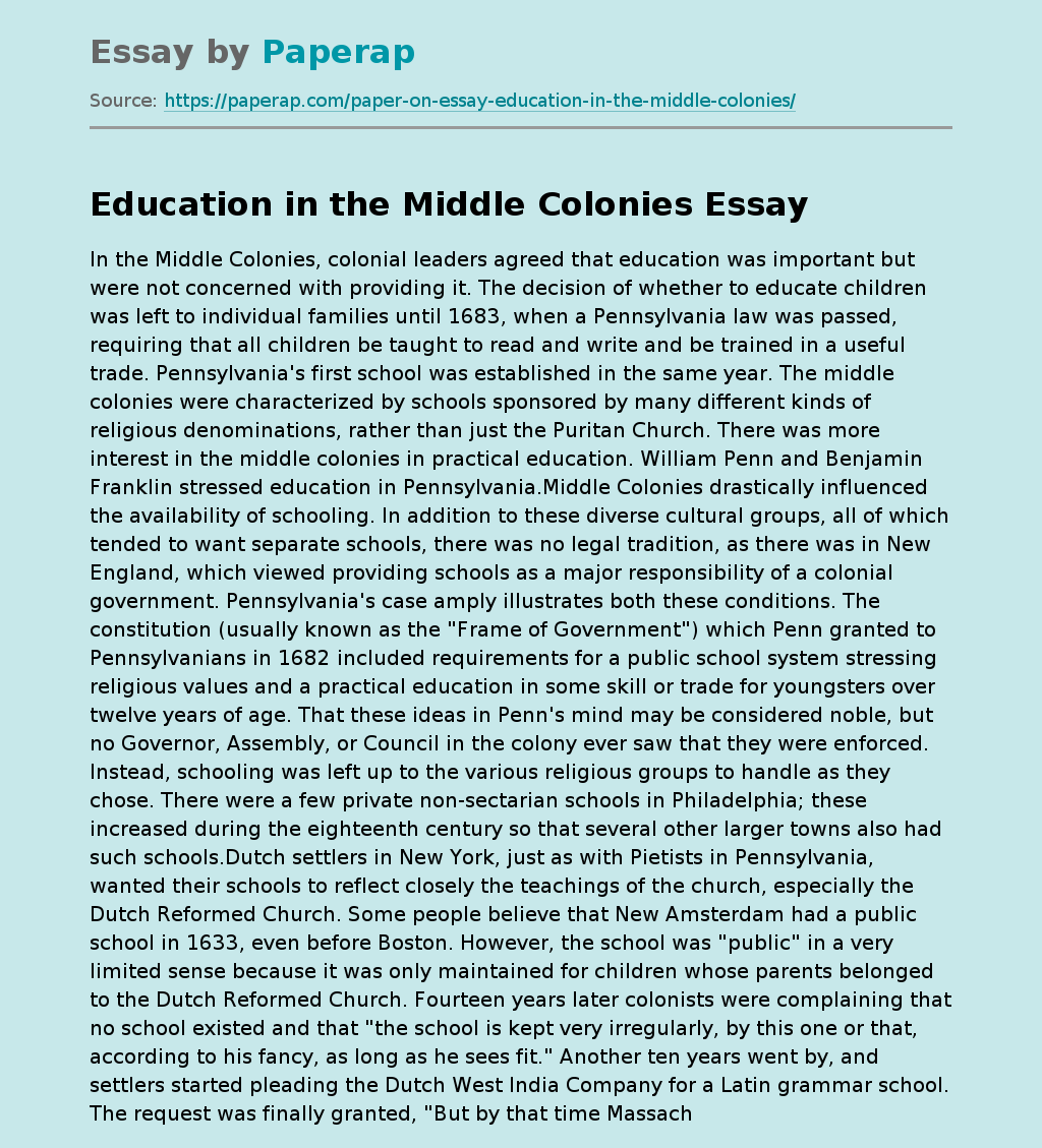 Nuances Education in the Middle Colonies