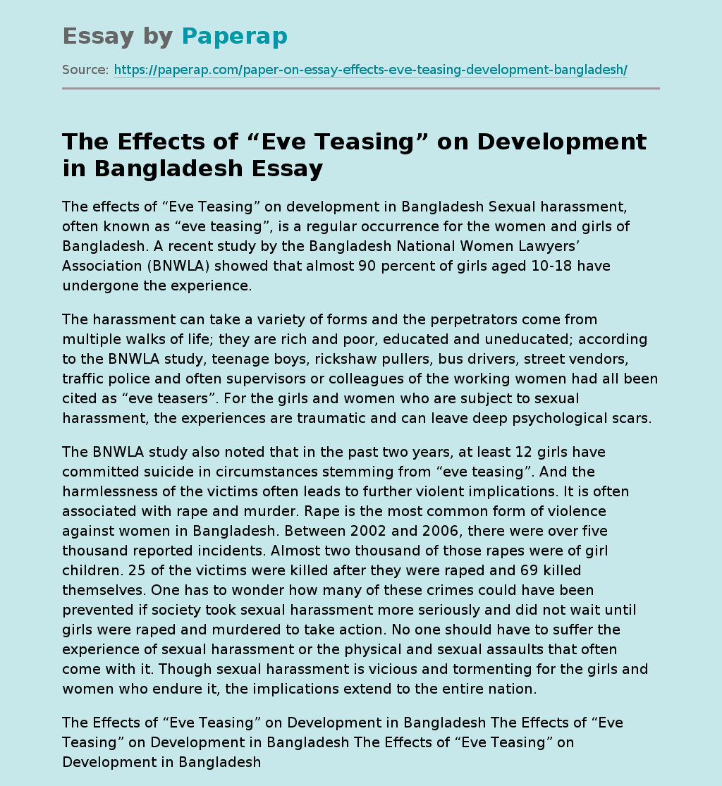 The Effects of “Eve Teasing” on Development in Bangladesh
