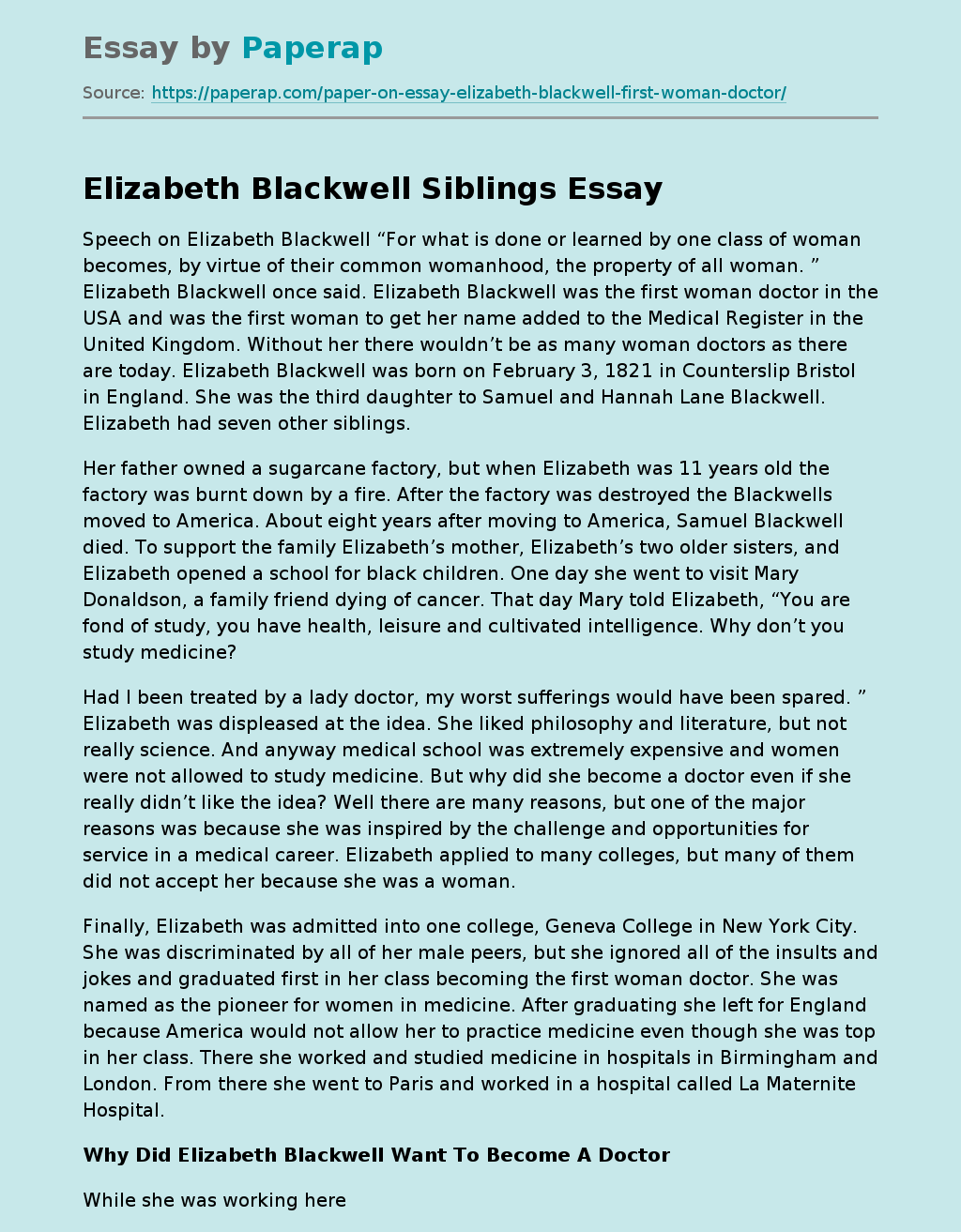 Elizabeth Blackwell Siblings