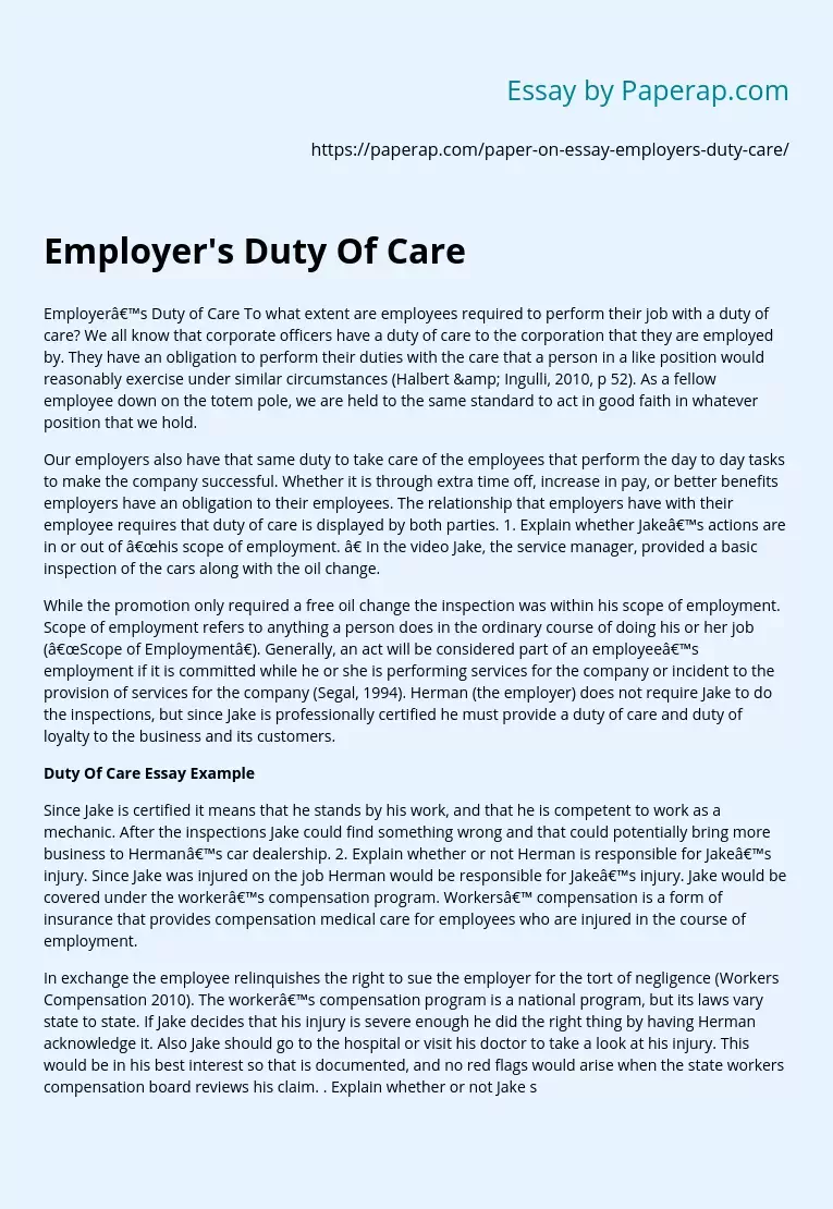 Employer's Duty Of Care