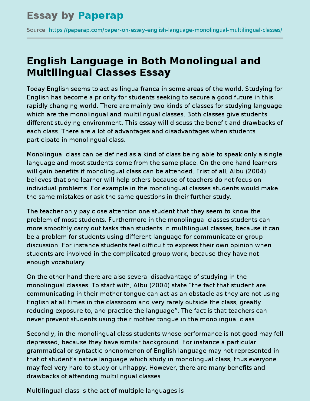English Language in Both Monolingual and Multilingual Classes