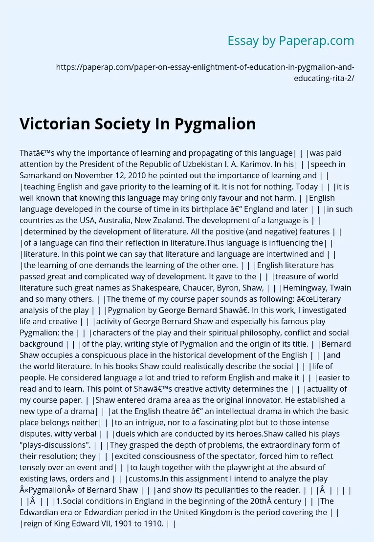 Victorian Society In Pygmalion