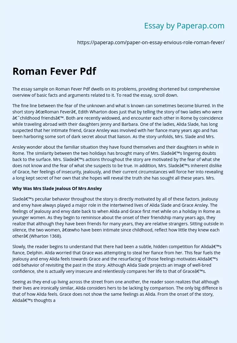 Roman Fever by Edith Wharton Short Story Analysis