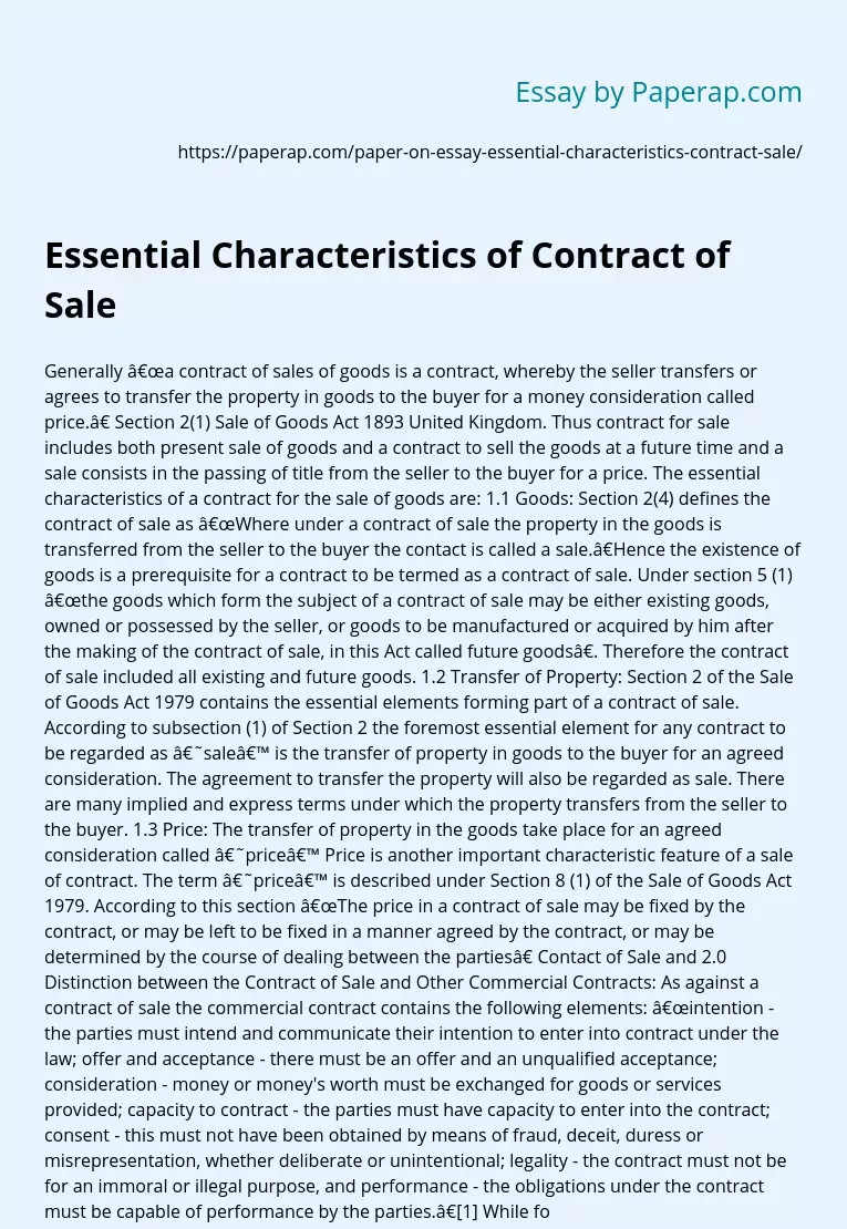 Essential Characteristics of Contract of Sale