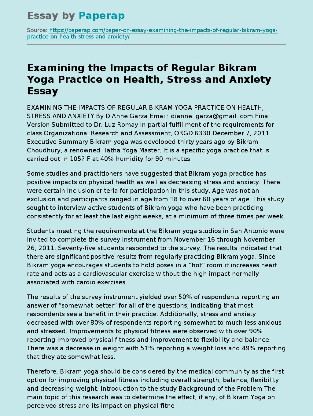 Examining the Impacts of Regular Bikram Yoga Practice on Health, Stress and Anxiety