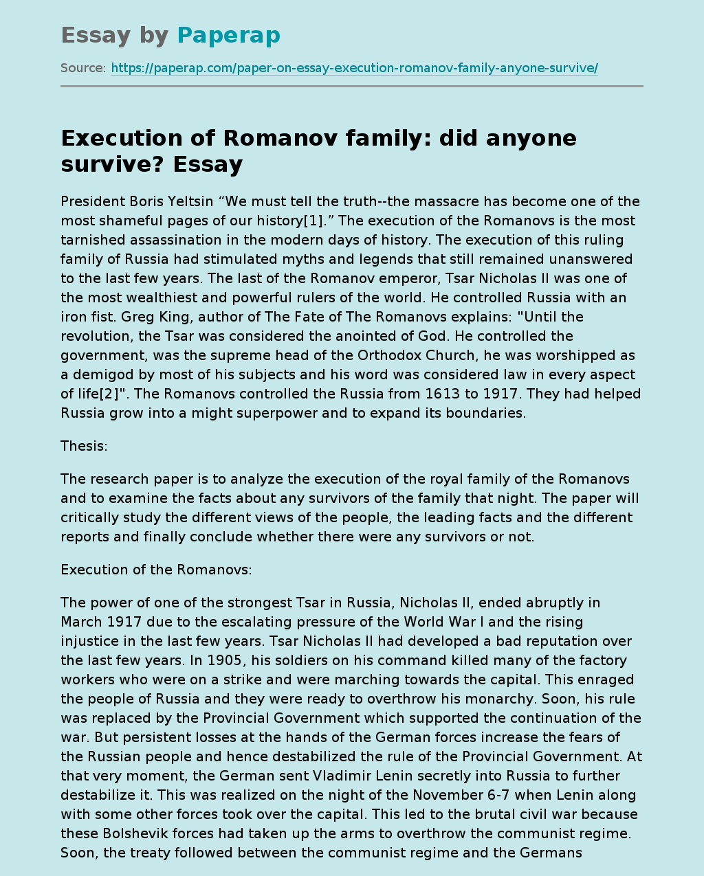 Execution of Romanov Family: Did Anyone Survive?
