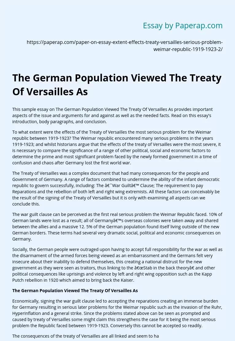 The German Population Viewed The Treaty Of Versailles As