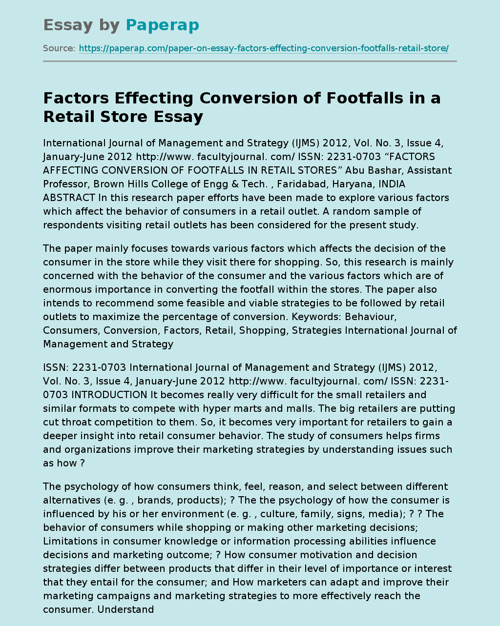 Factors Effecting Conversion of Footfalls in a Retail Store