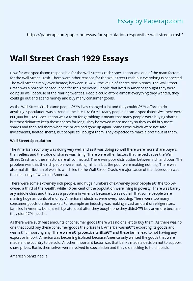How far was speculation responsible for the Wall Street Crash