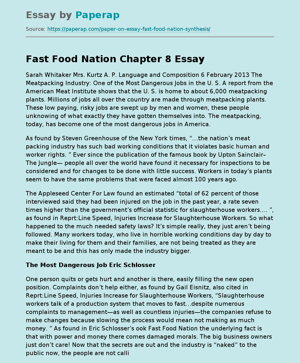 Fast Food Nation Chapter 8