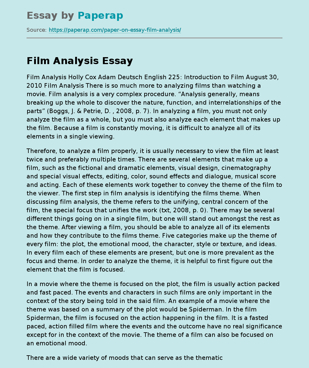 Film Analysis 101 Free Essay Example